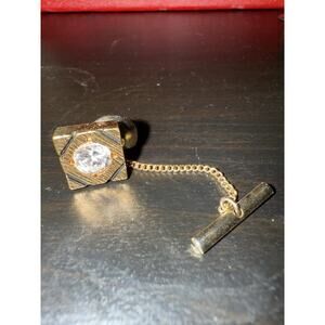 1950s GEV Gold Tone Tie Tack W Clear Rhinsesrone And Chain